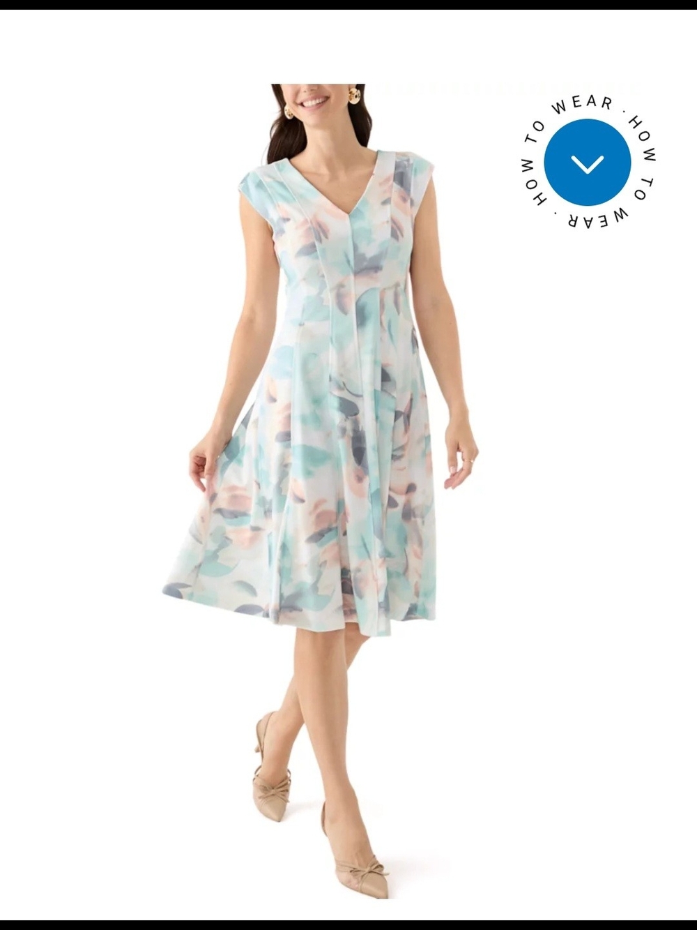 NWT Calvin Klein Cap-Sleeve V-Neck Watercolor Midi Dress in Light Blue and Pink